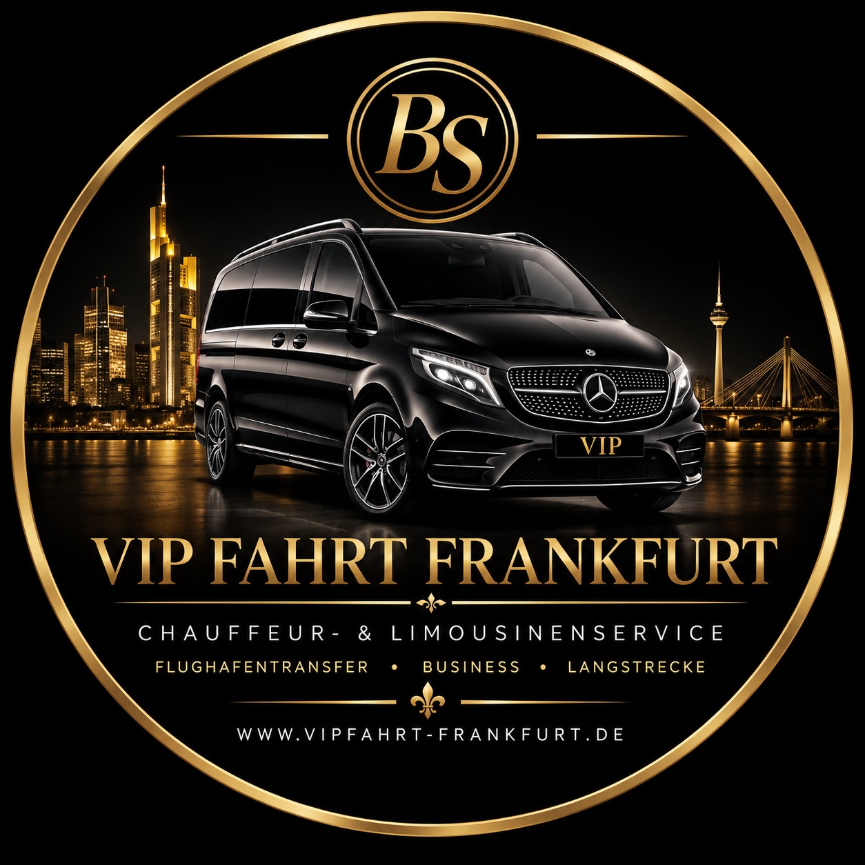 Schwarze Mercedes V-Klasse vor Frankfurter Skyline – VIP Fahrt Frankfurt Chauffeurservice